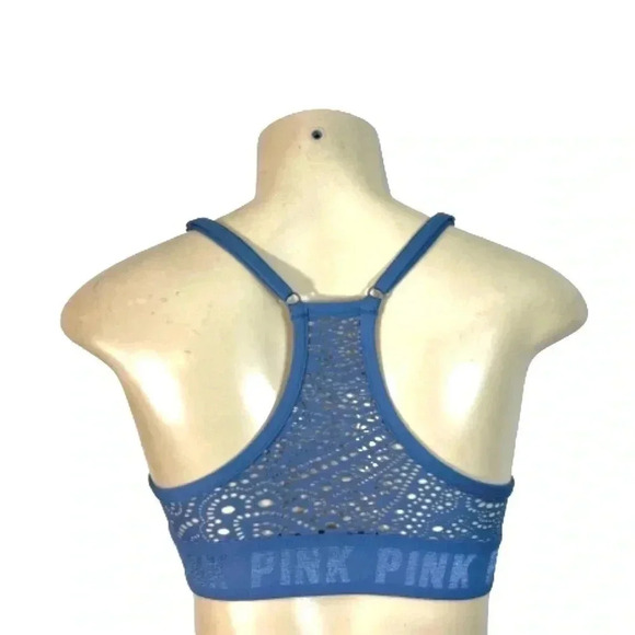 PINK VICTORIA SECRET CROCHET BLUE PADDED SPORTS BRA SIZE XS - Picture 2 of 7